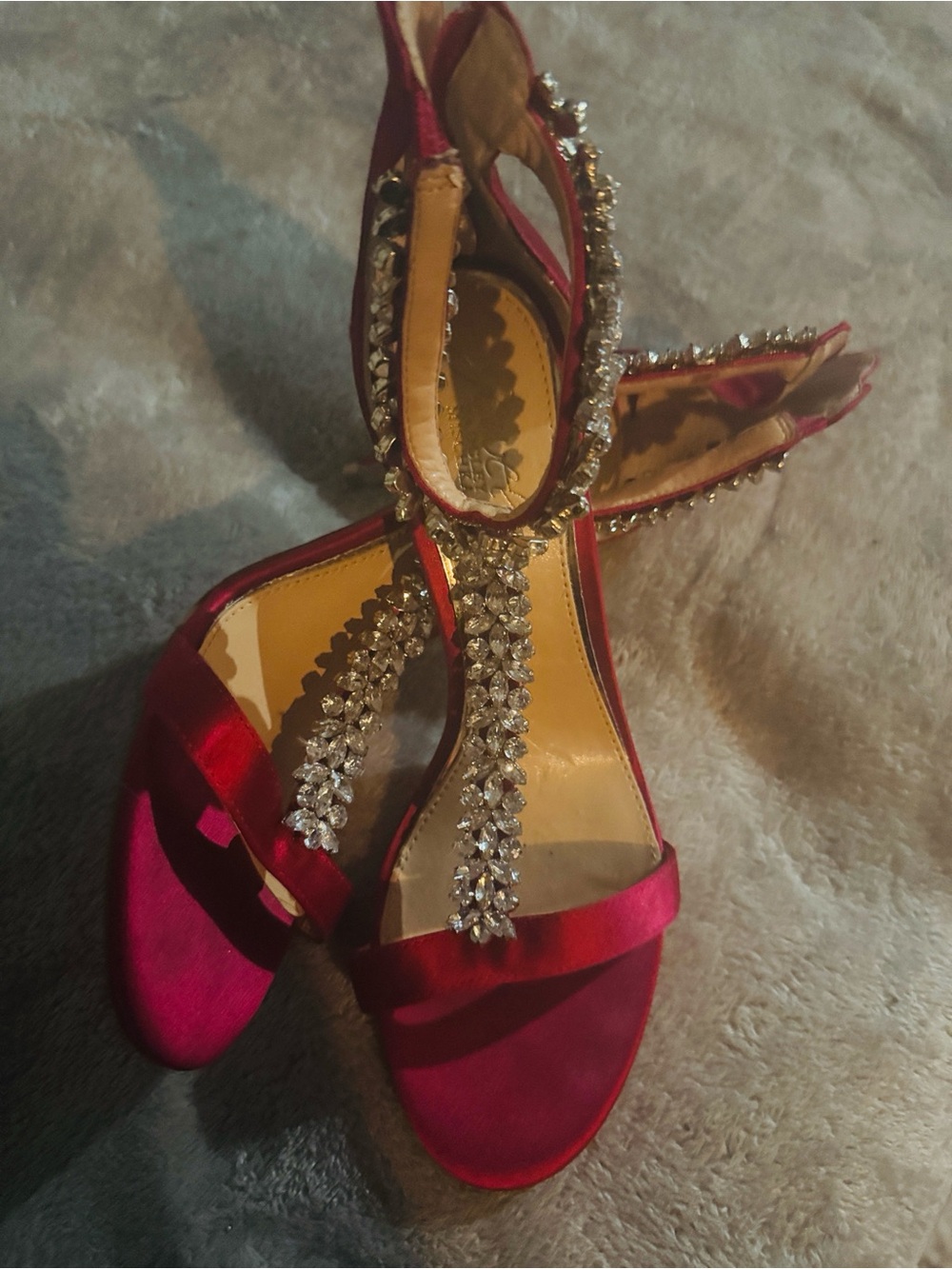 Badgley Mischka Red Satin Crystal T-Strap Evening Heels